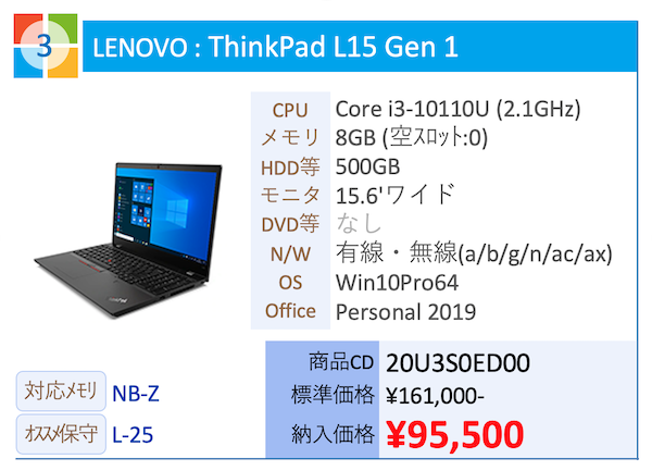 LENOVO : ThinkPad L15 Gen 1 Core i3-10110U (2.1GHz)